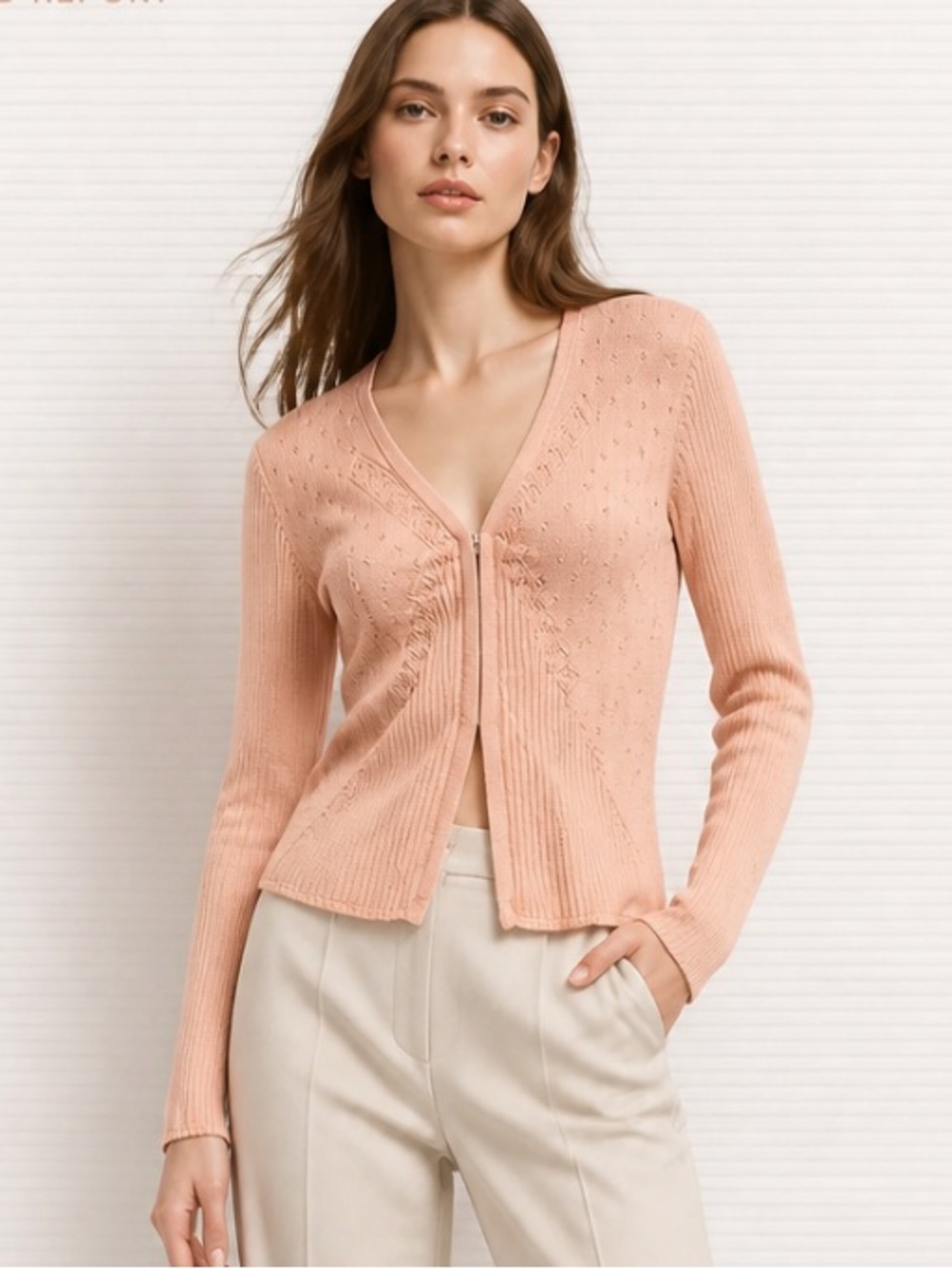 TABITHA Anthropologie Pink Cardigan Sweater Cotton Ribbed Pointelle